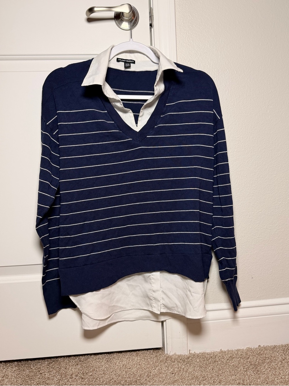 Hilary Radley Navy and White Striped Collared Sweater